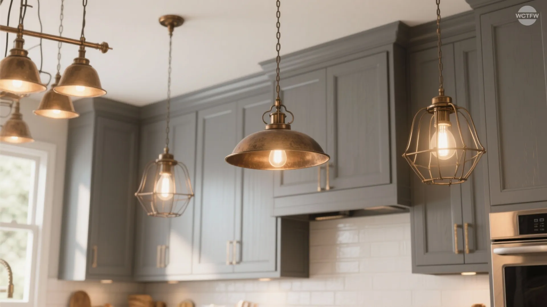 Modern kitchen with grey cabinets and several hanging bronze ceiling light fixtures over a white backsplash