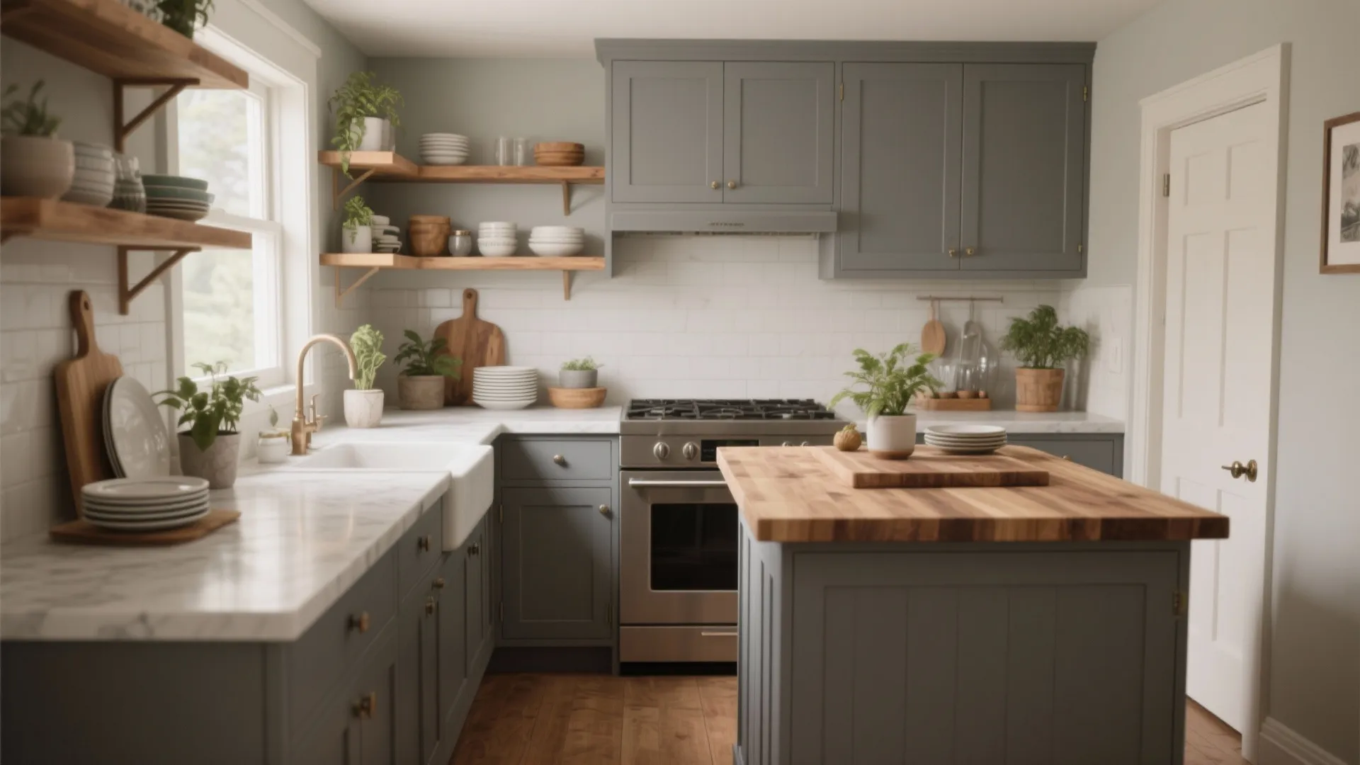 1. Classic Shaker Gray with Warm Wood Accents