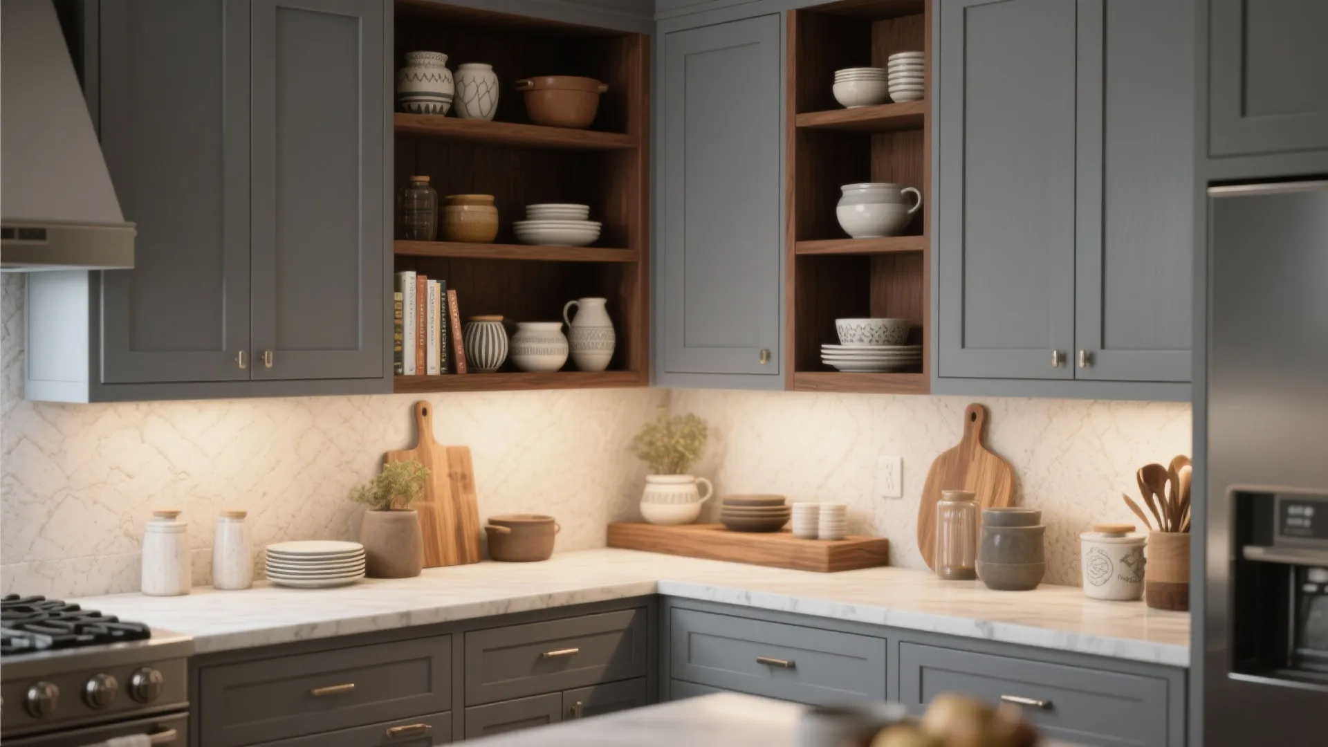 3. Grey shaker doors with brown open shelving
