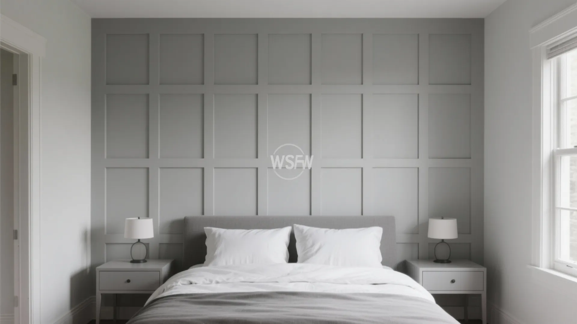 Modern bedroom with grey wall panel design behind bed flanked by nightstands and small lamps