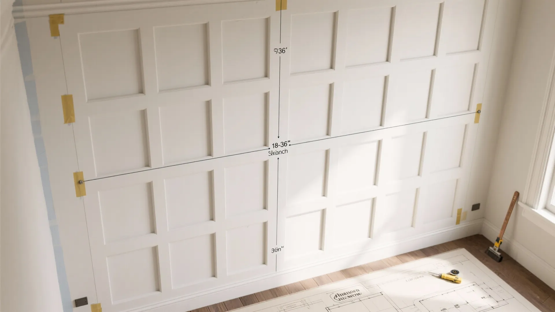 Interior design drawing showing measurements and dimensions on a white wall panel with grid patterns