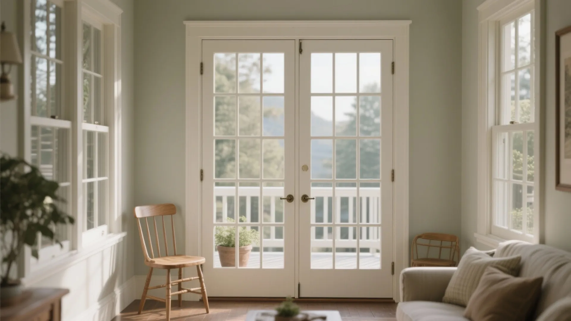 Classic white double doors with glass windows leading to a balcony beside a wooden chair and sofa