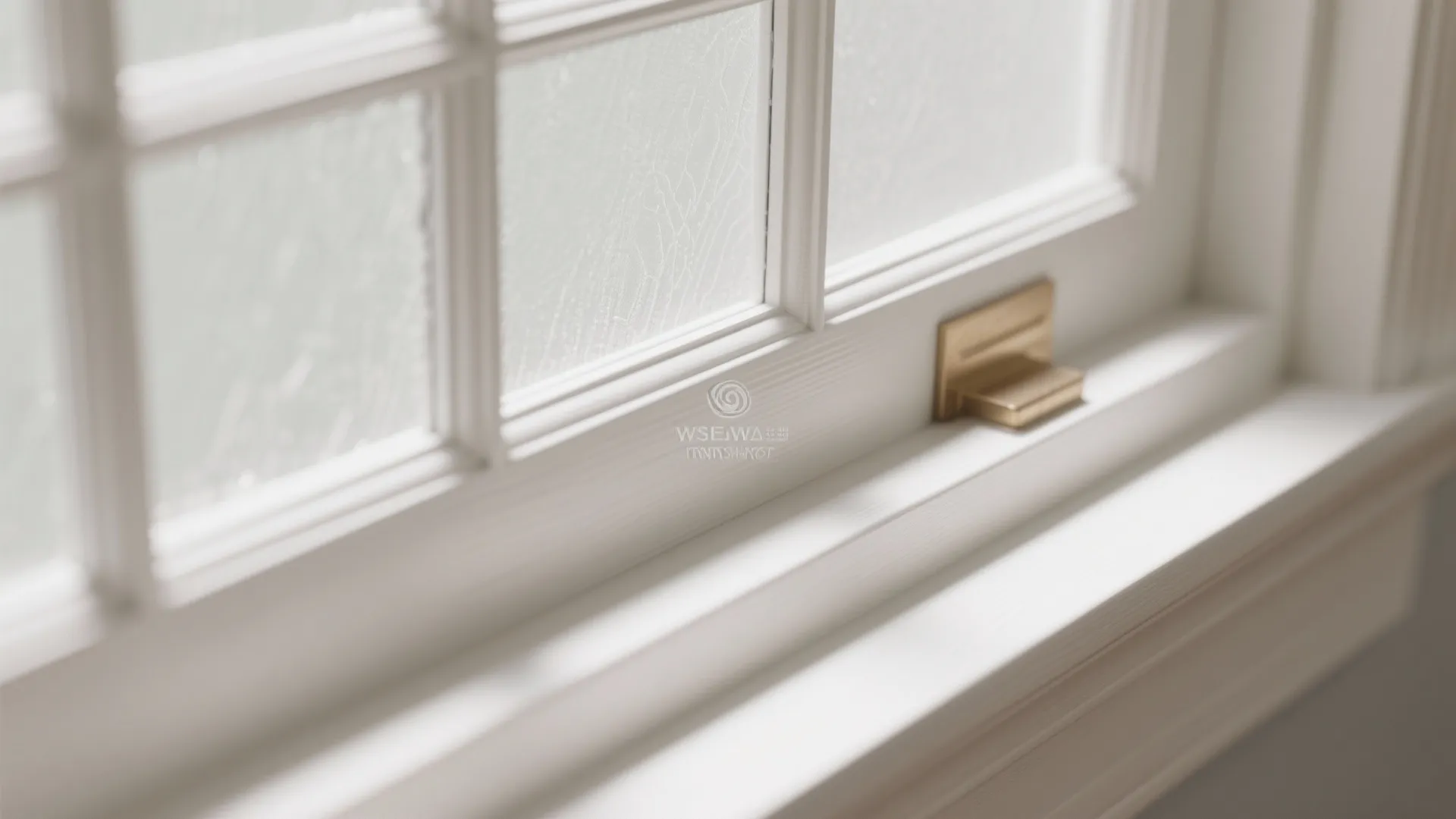 Close up of white window frame with glass panes and a small gold metal lock