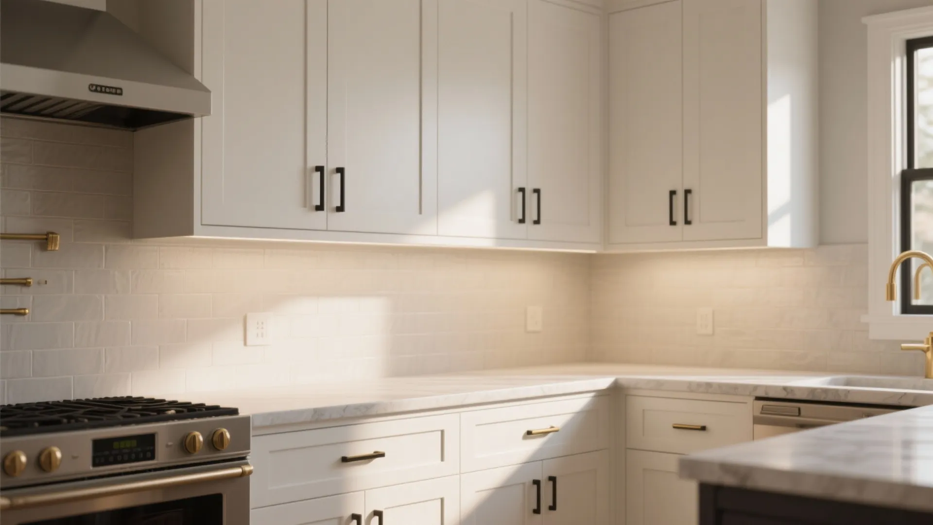 Modern shaker white oak cabinets with slim black and brass hardware