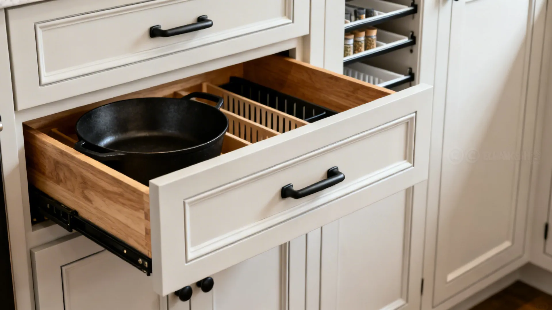Shaker cabinet details with pull-out spice rack, tray dividers, and deep drawer organizers.