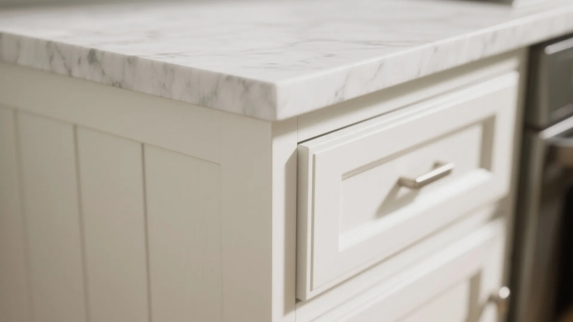 3. Shaker white cabinets + honed quartz for tactile depth