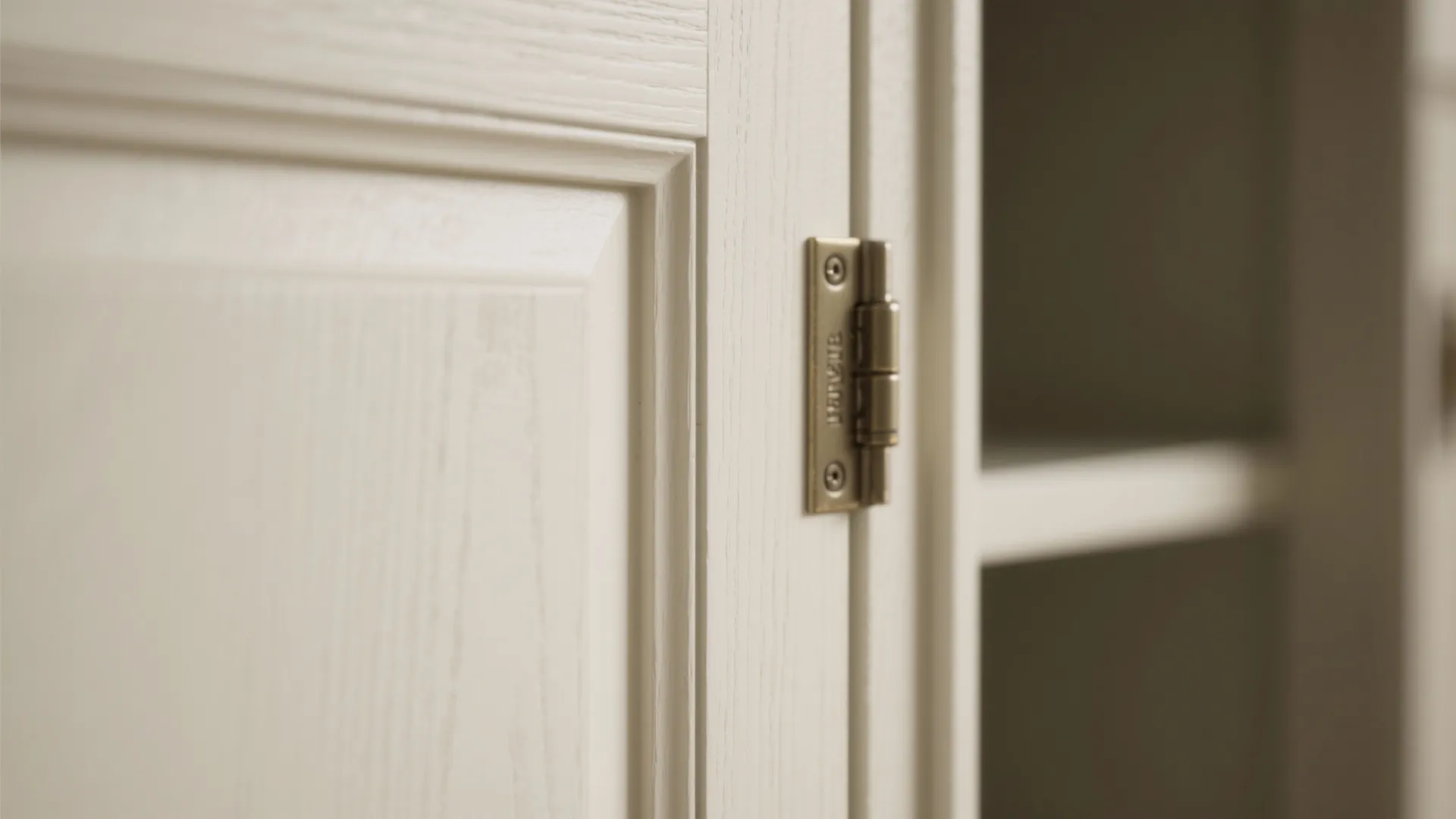 Close up view of a white wooden cabinet door hinge and textured wall panel surface