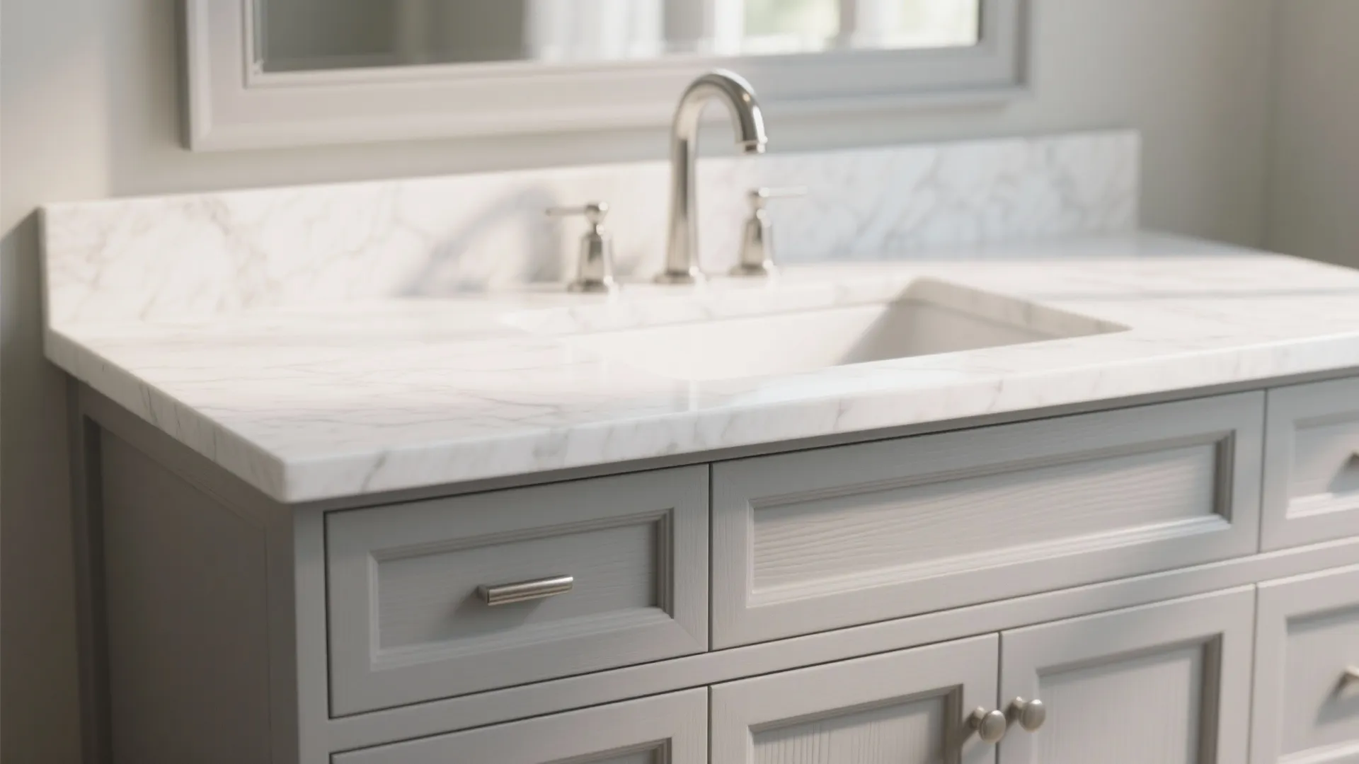 Grey bathroom cabinet with white marble countertop silver faucet integrated sink and classic shaker style drawers