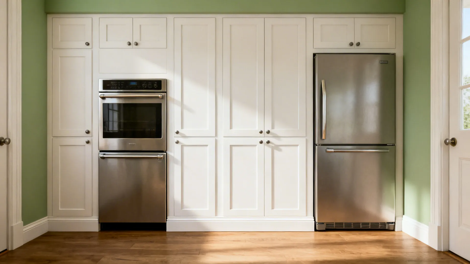 Shaker kitchen with integrated panel appliances and aligned reveals for a seamless look.