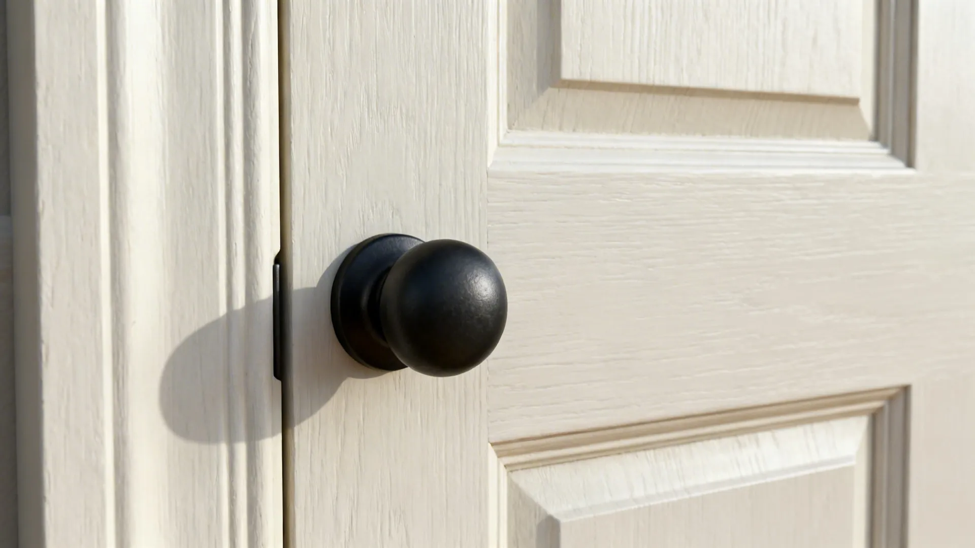 Close-up of a Shaker door corner with a matte black knob at the rail-stile intersection.