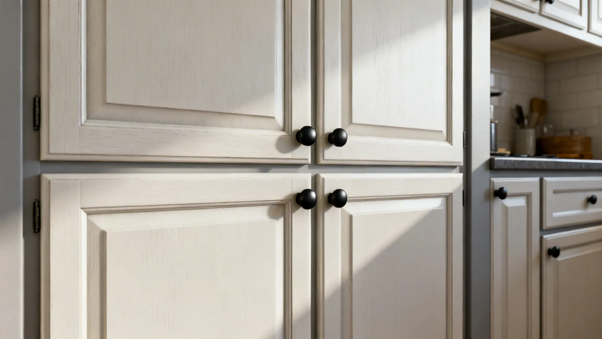 Shaker cabinet doors with matte black knobs placed by the rule of thirds.