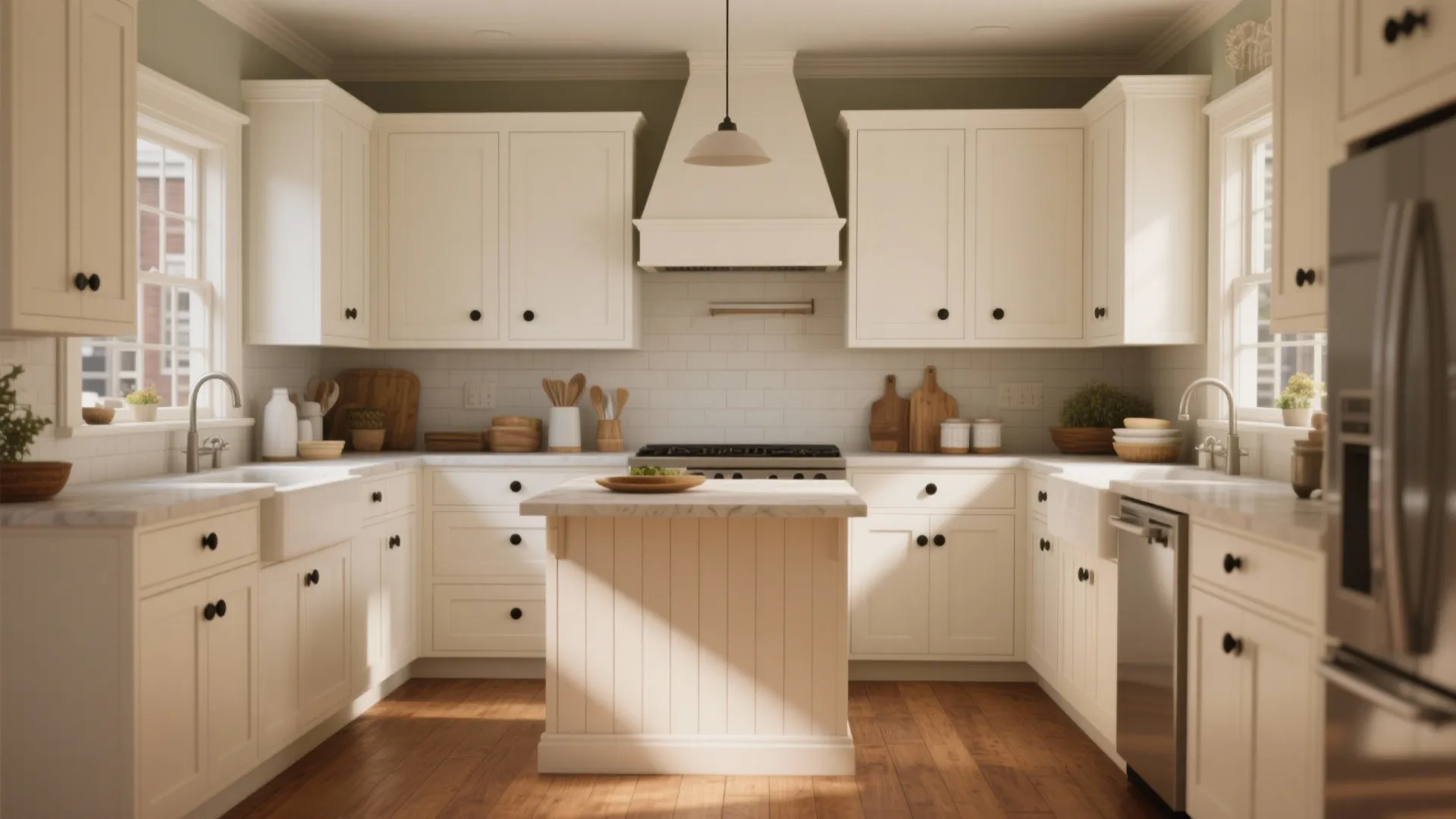Classic white kitchen with shaker cabinets black knobs small kitchen island and wooden floor in sunlight