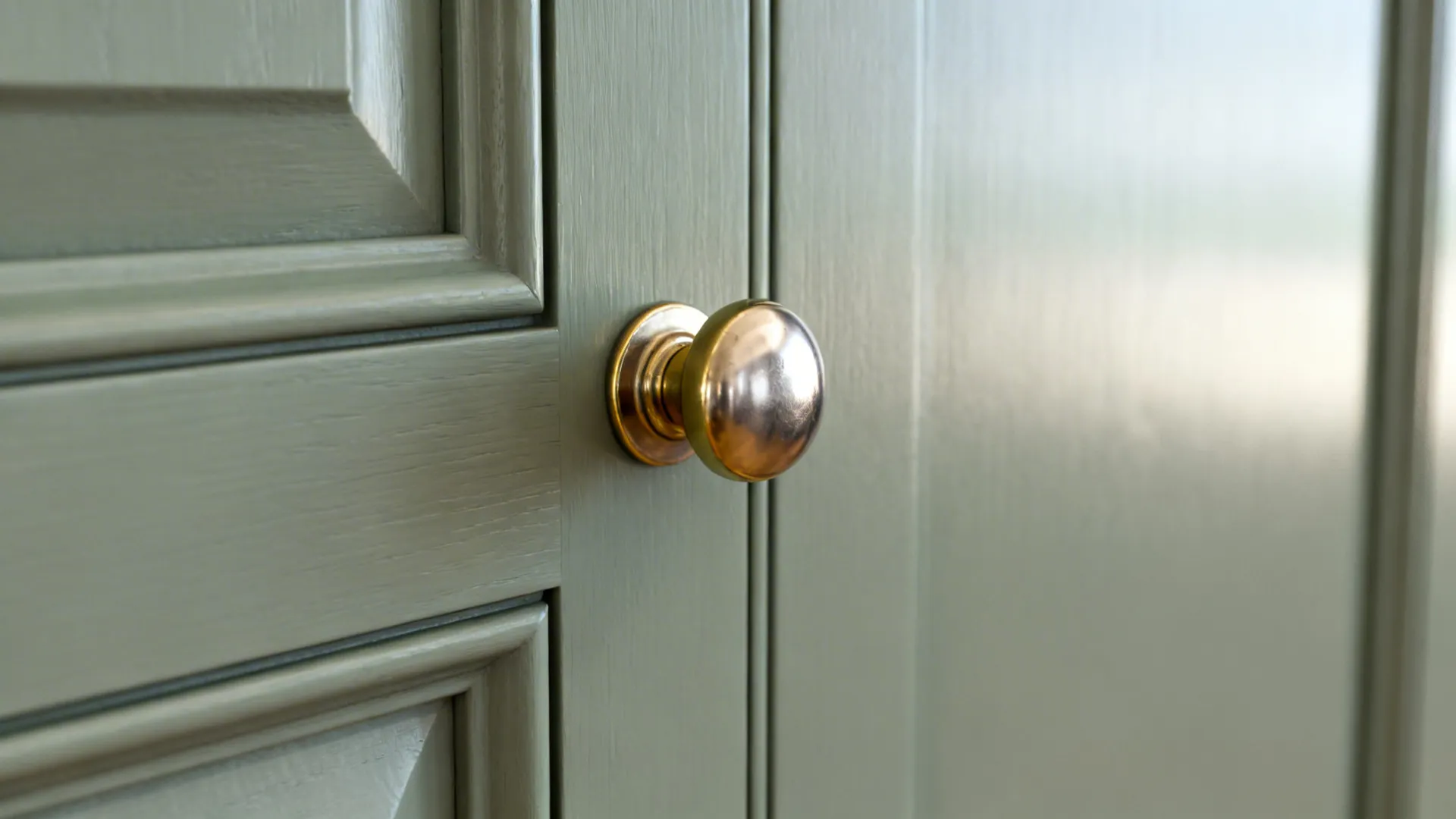 Macro detail of satin-painted shaker cabinet with nickel knob and brass cup pull.