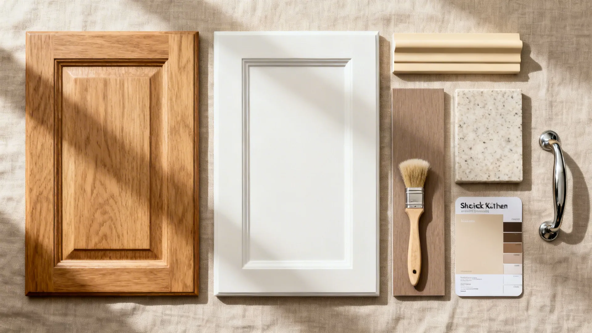 Top-down material board with rubberwood tones, off-white paint, and beige quartz.