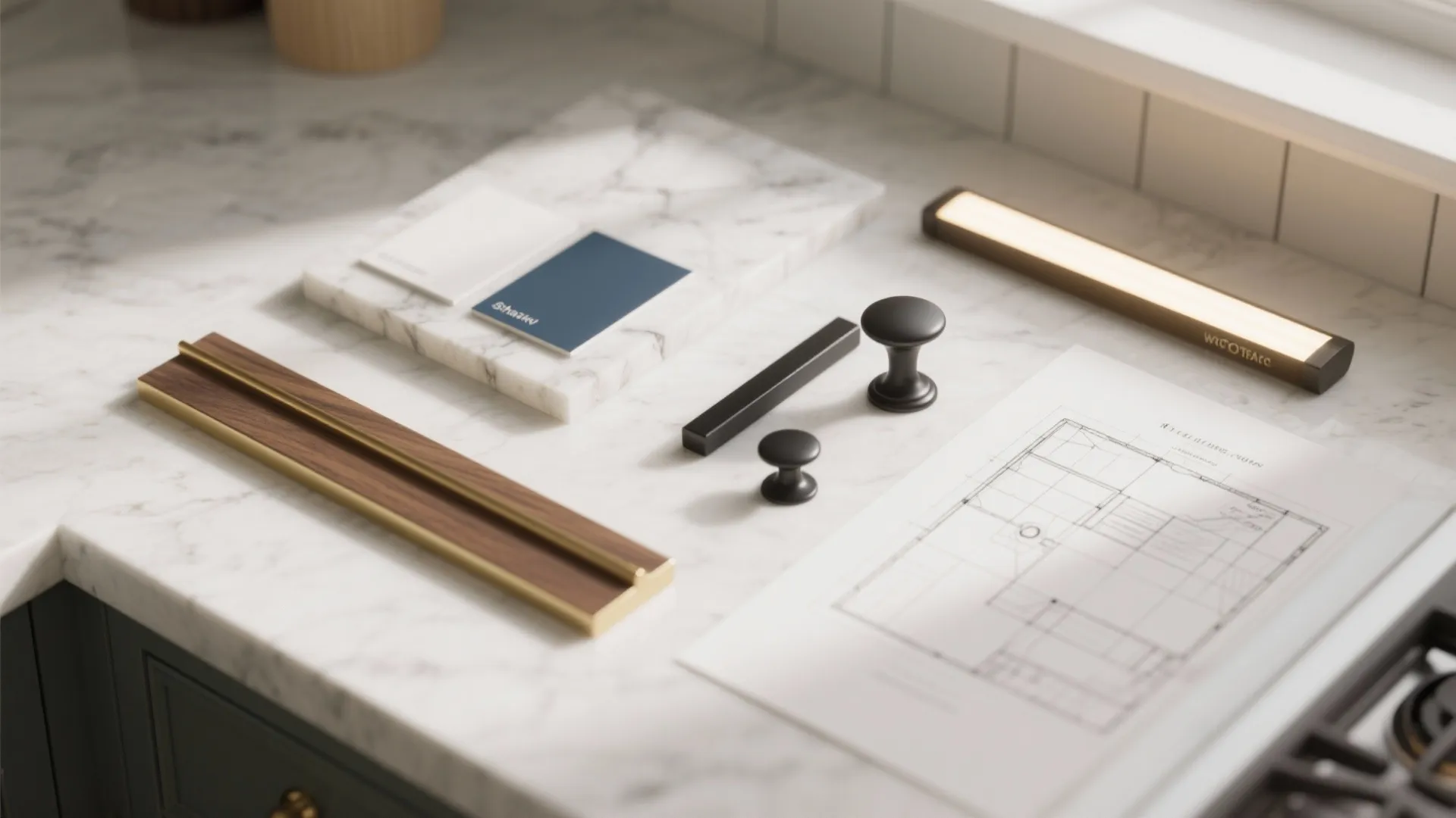 Kitchen design materials with marble countertop wood samples black handles light fixture and floor plan