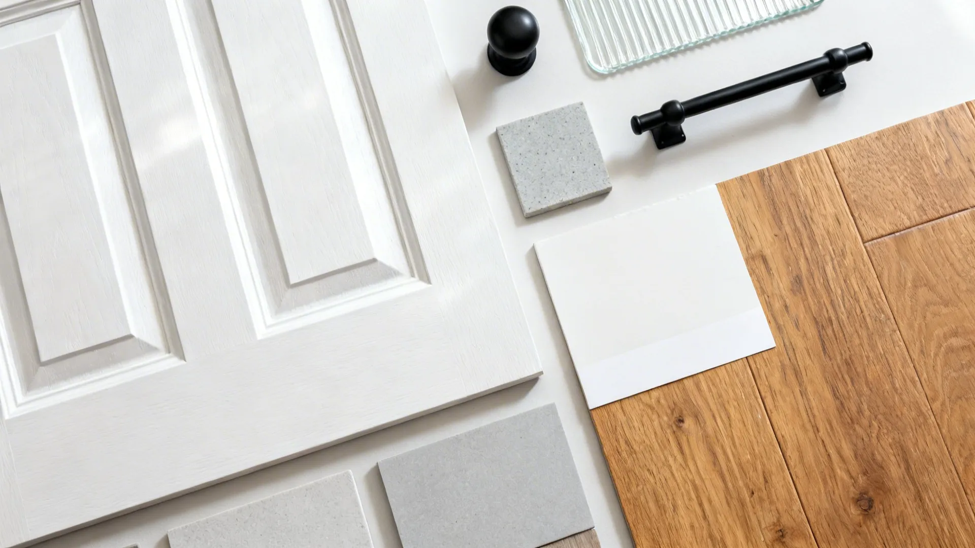 Flat lay of white Shaker door, reeded glass, matte black hardware, quartz, and wood floor.