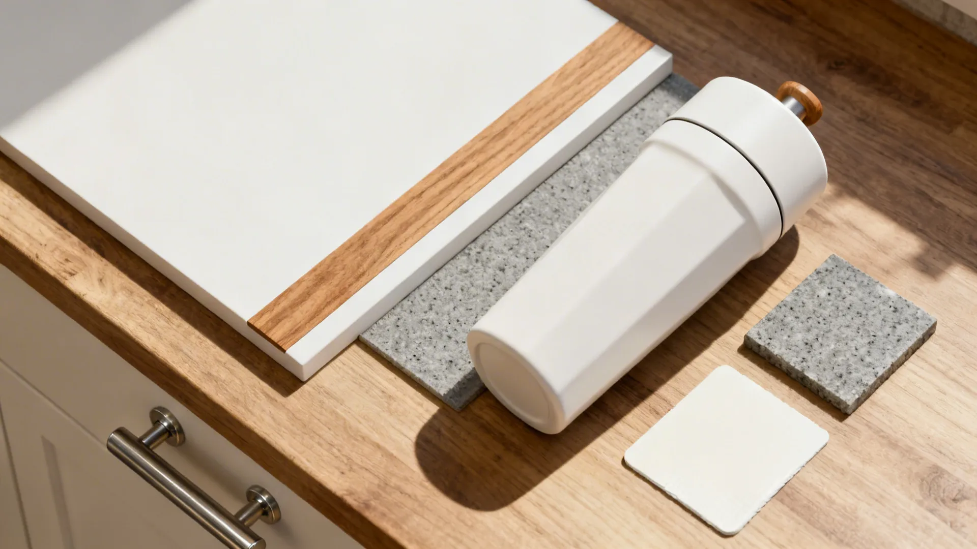 Flat lay with white shaker sample, oak handle, quartz chip, and brushed hardware.
