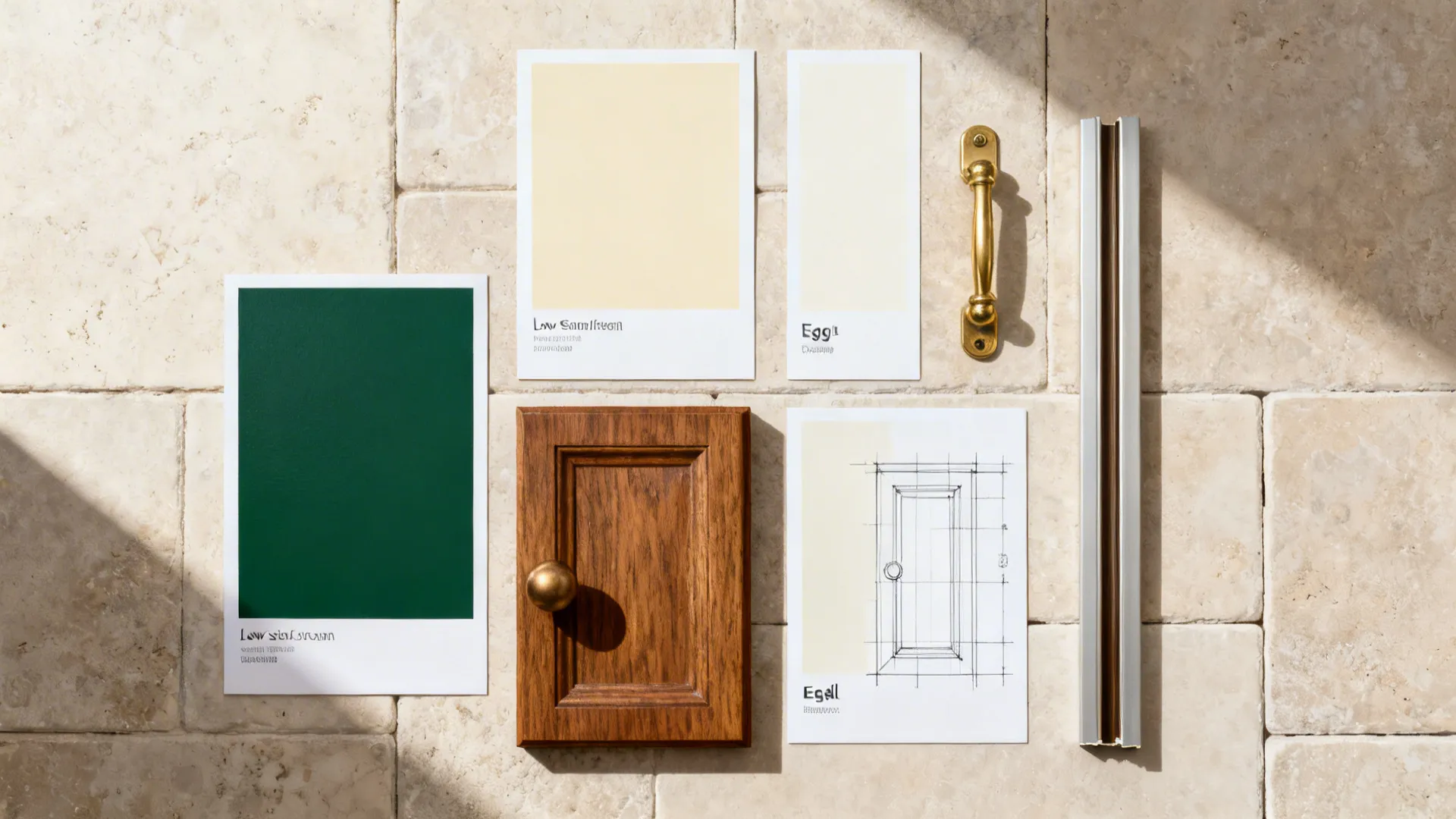 Flatlay of deep green paint, warm ivory, oak sample, and brass hardware for Shaker cabinets.