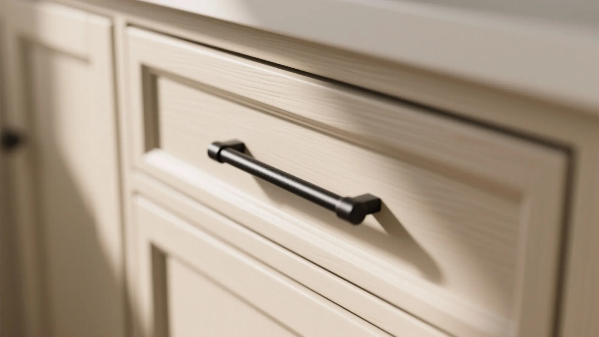 Close up of a beige kitchen cabinet drawer with a simple black metal handle installed