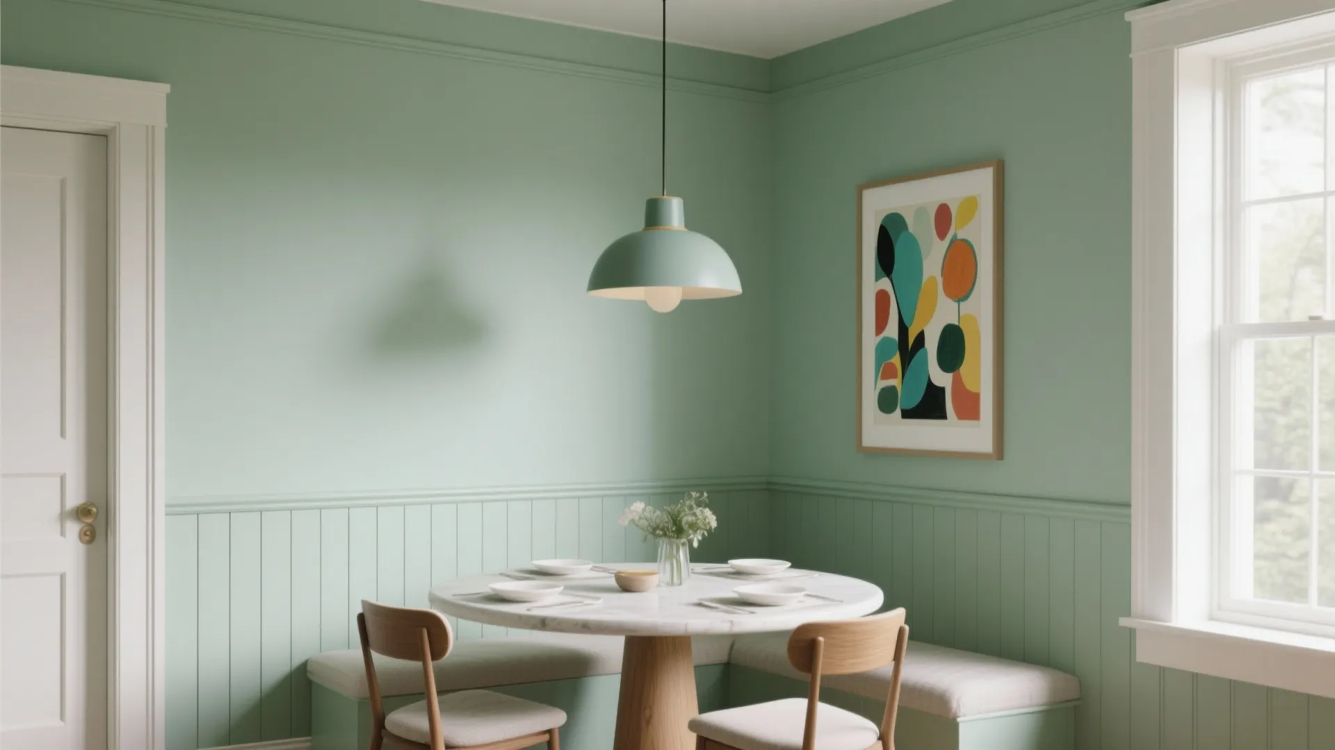 Mint green dining area with round table bench seating wall panel and hanging ceiling light