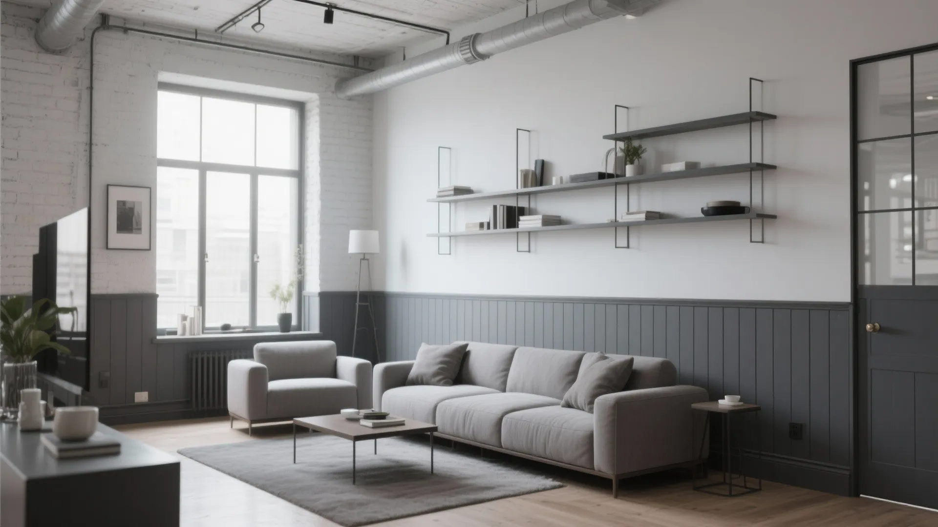Industrial style living room with grey wall panel grey sofa wall shelves and large windows