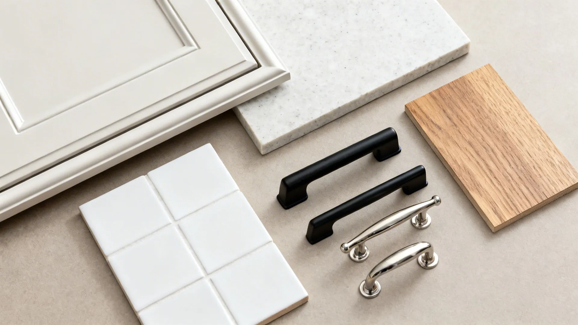 Top-down layout of slim-rail Shaker door sample with quartz, tile, and mixed hardware finishes.