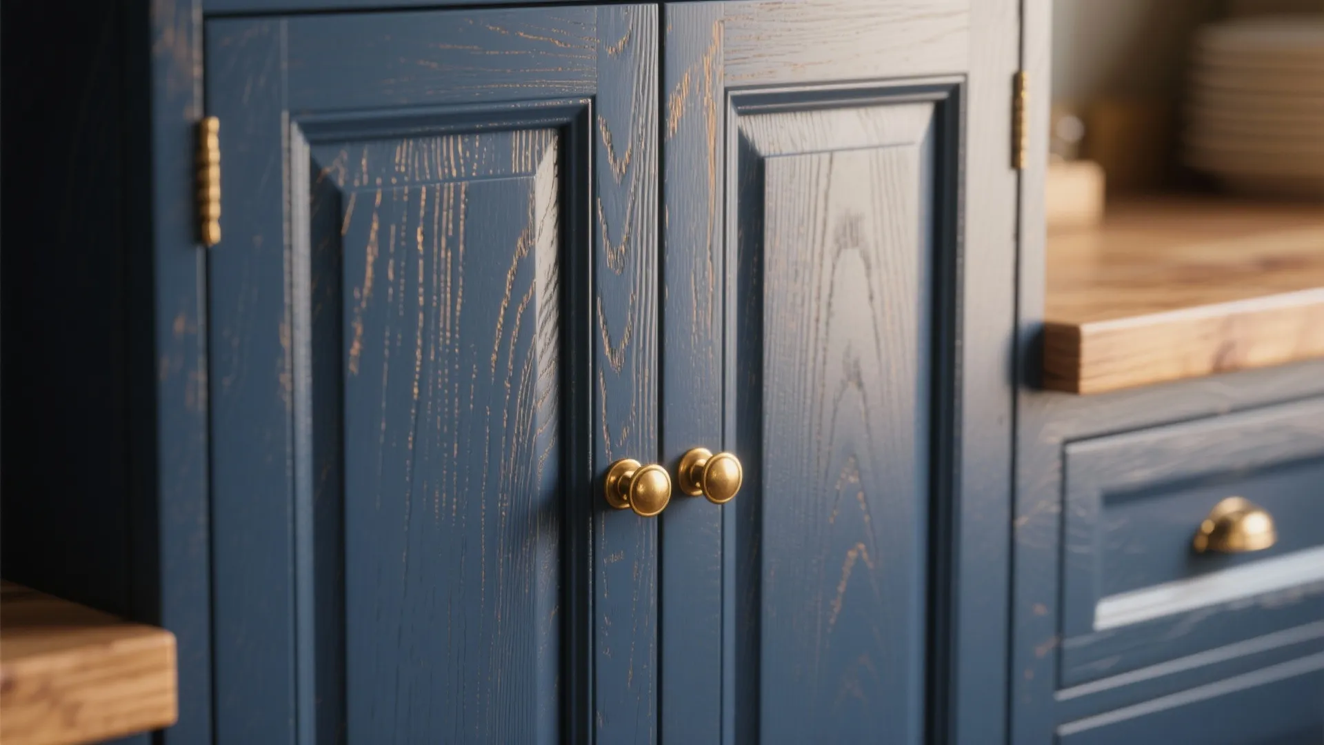 Close up of navy blue wooden cabinets with gold round knobs and visible wood grain