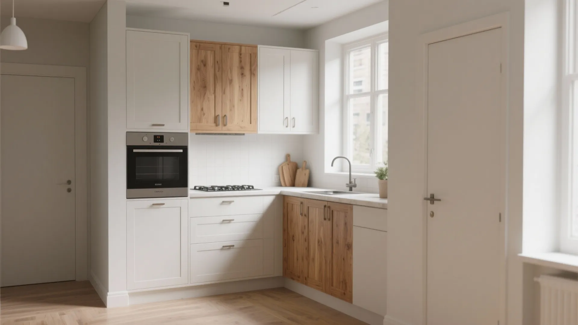 2. Shaker-style hardwood doors for versatile minimalism