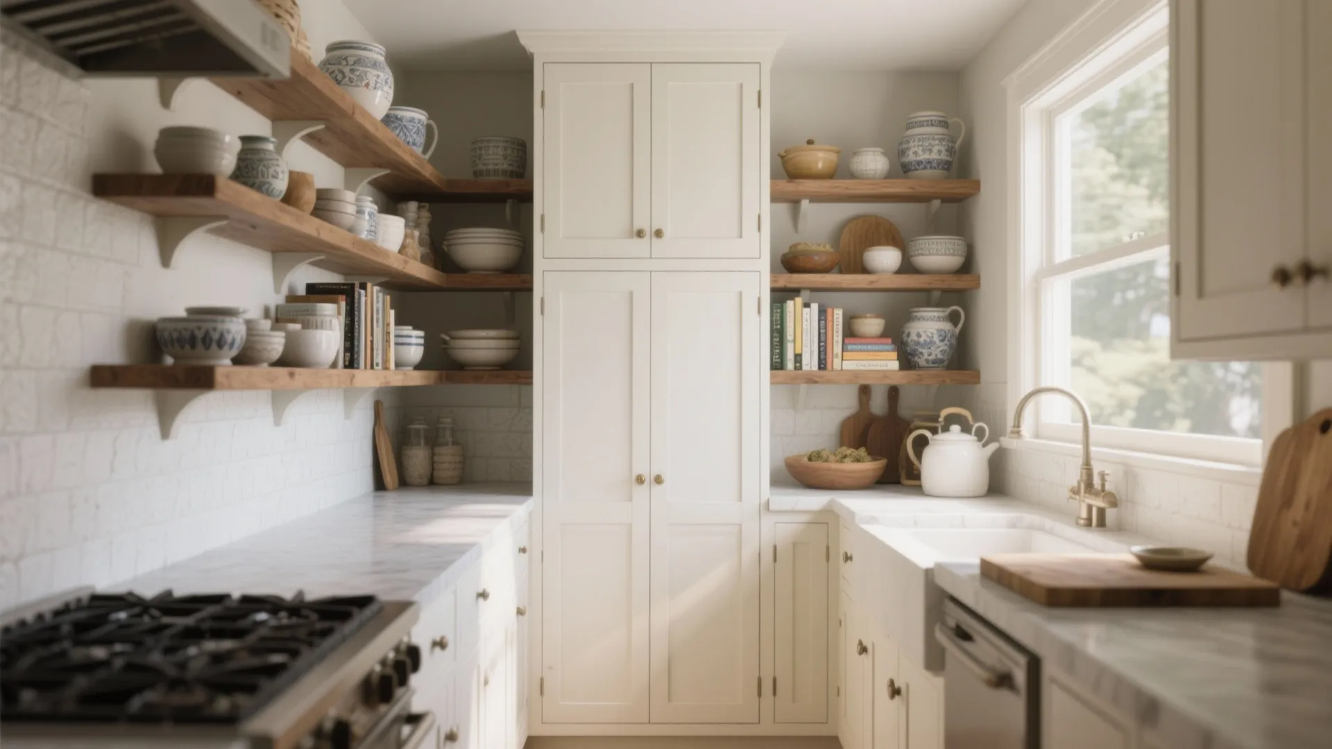 Shaker-style off-white cabinets with open wood shelving styled with ceramics, bright and curated small kitchen.
