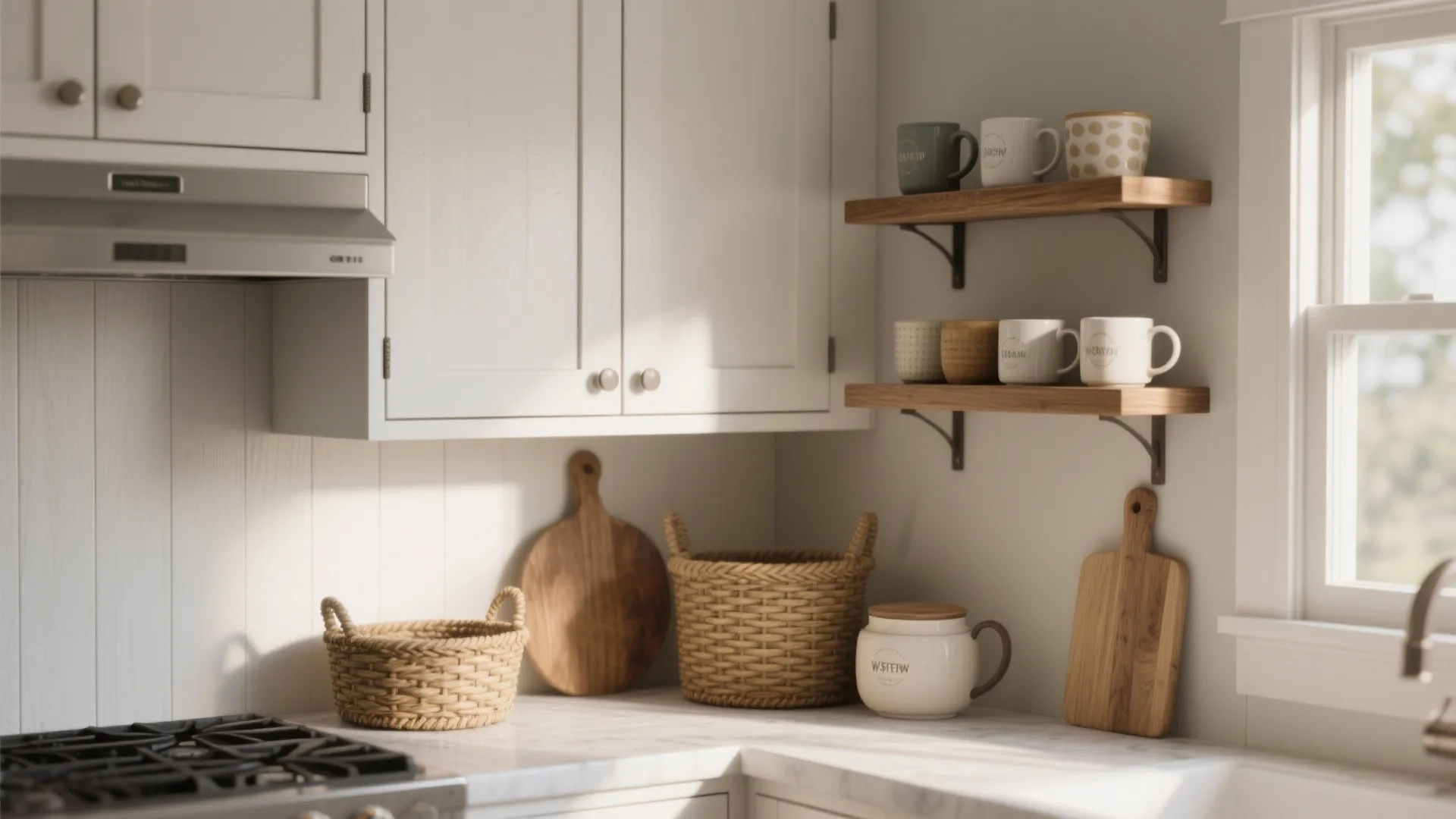 1. Shaker-style white cabinets with open shelving