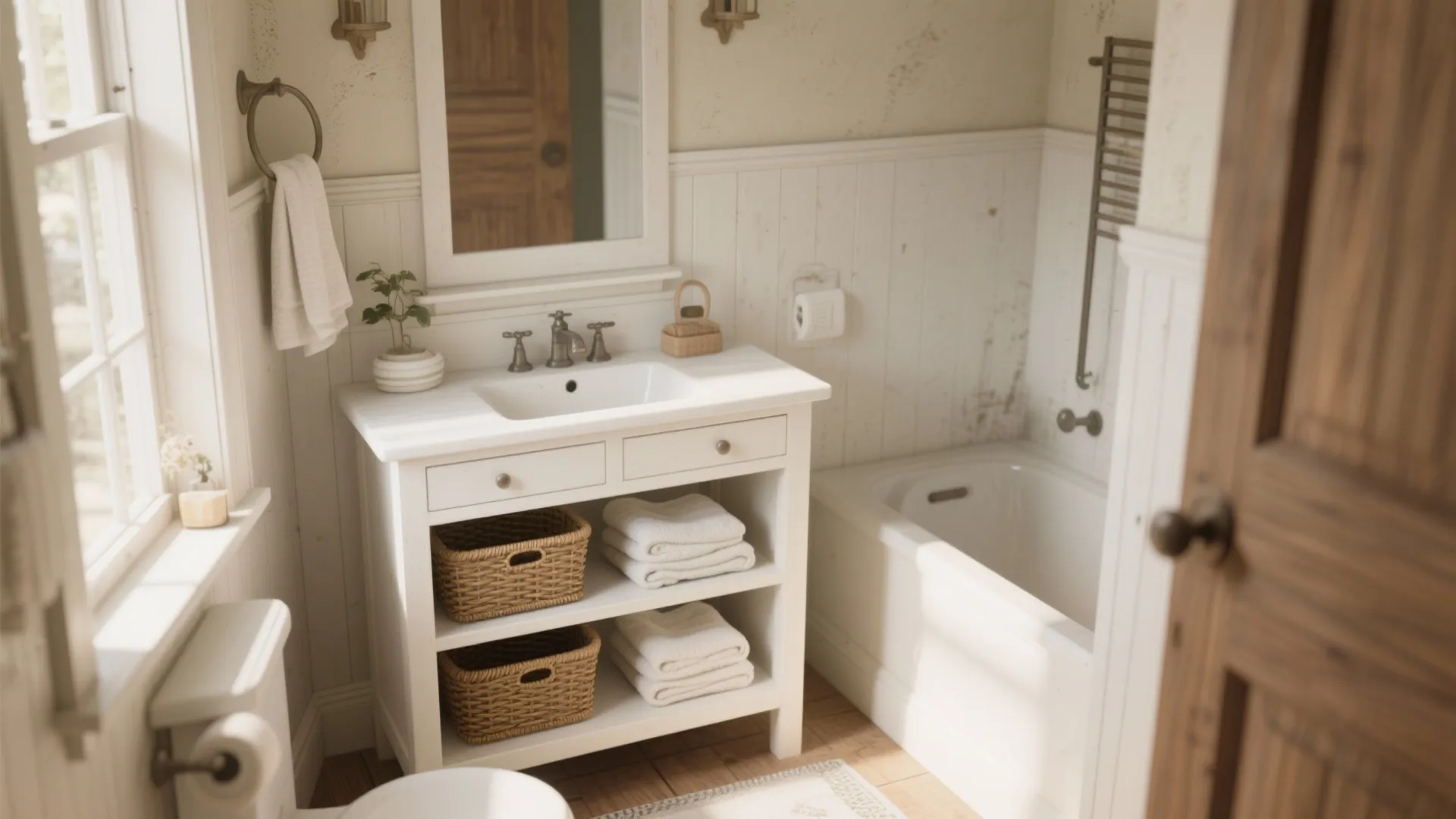 1. Shaker-style antique white vanity with open shelving