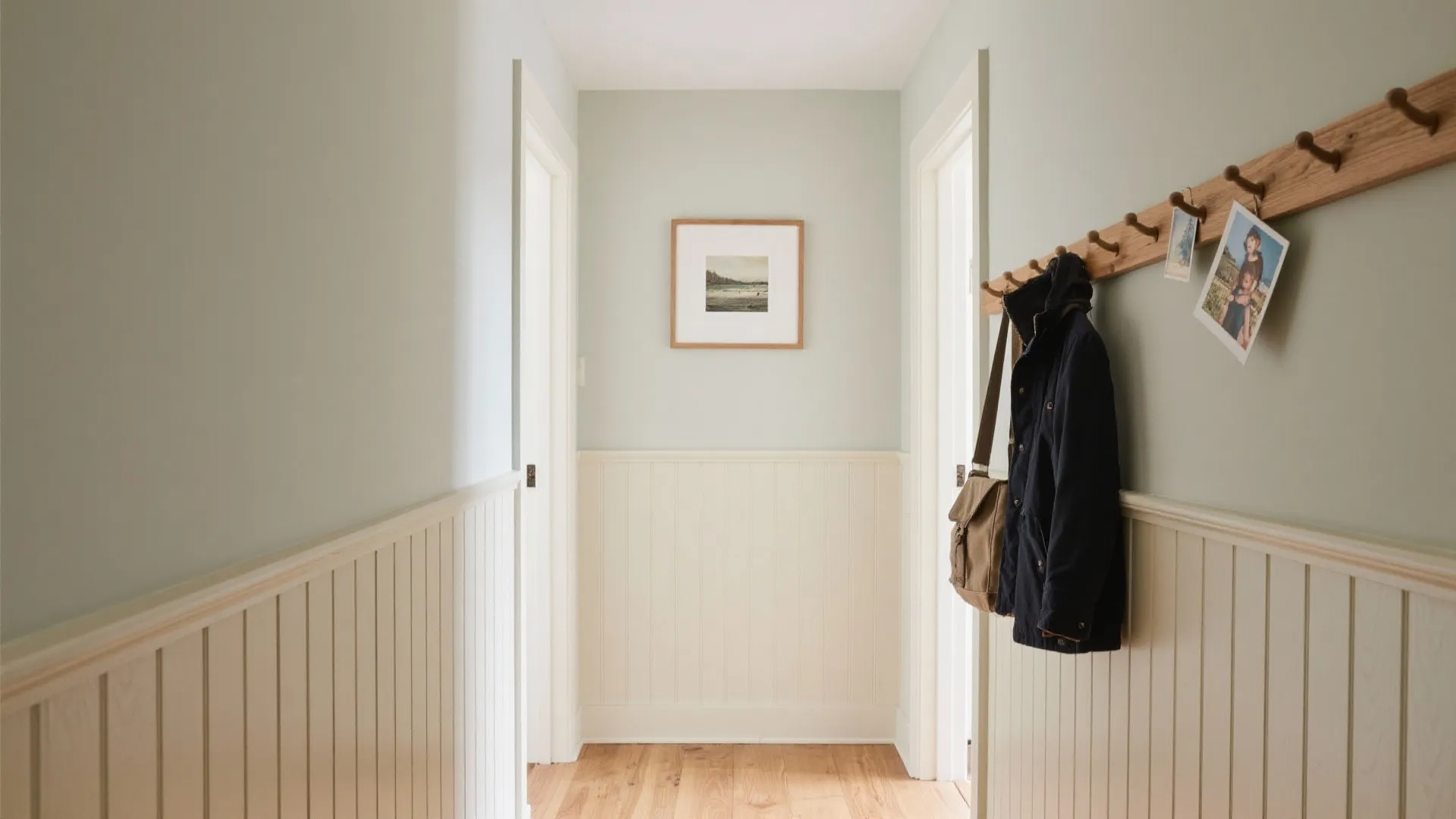 Hallway with shaker paneling and a continuous wooden peg rail used for coats and bags.