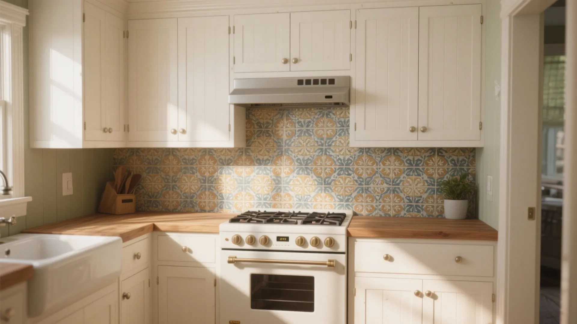 2. Shaker-style white cabinets with patterned tile accent
