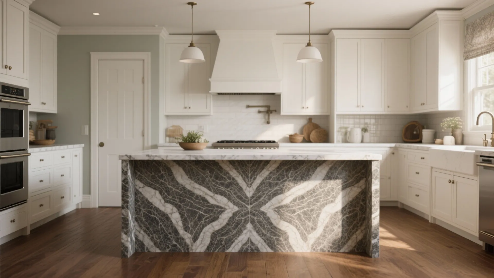 3. White Shaker doors + patterned granite island