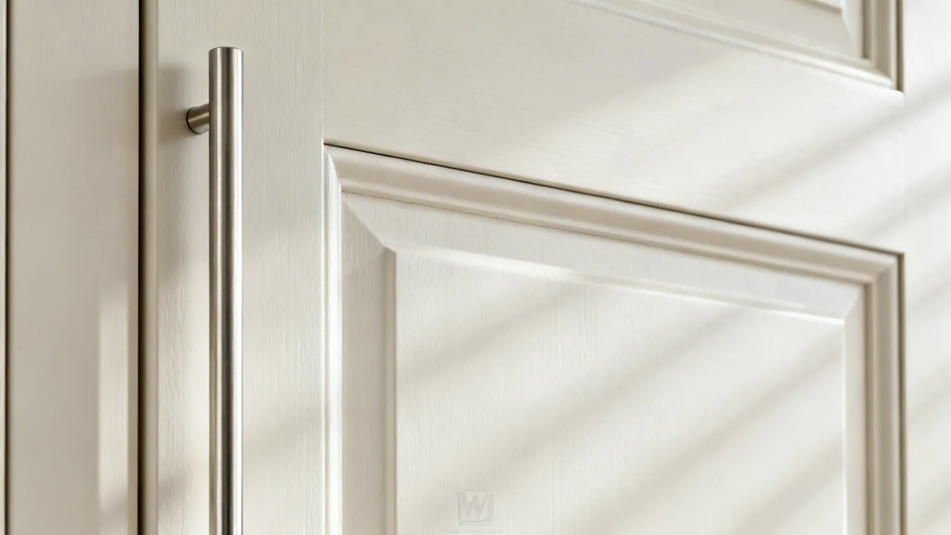 Macro of slim Shaker door edge and tall brushed nickel pull with satin paint.