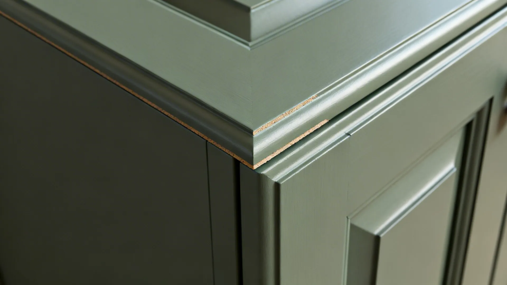 Macro of slim Shaker door corner with 55 mm rails and matte gray-green finish.