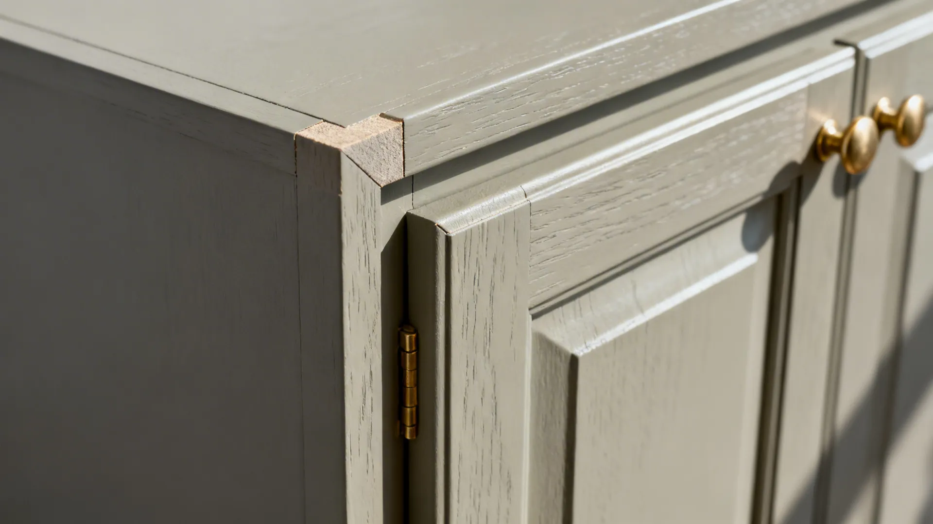 Macro of a slim-rail Shaker door corner in pale greige with a brass pull.