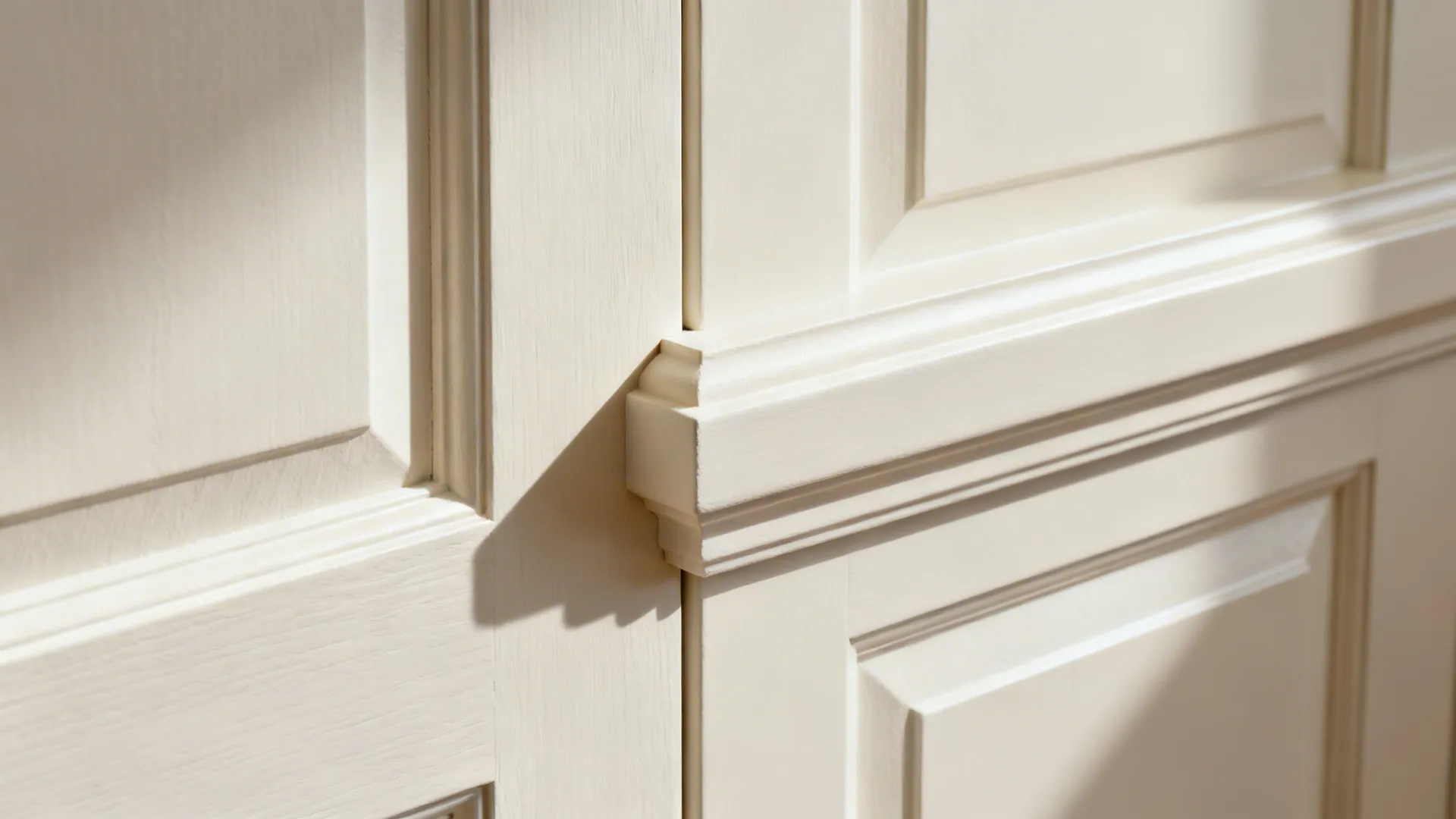 Macro of a slim-rail Shaker door corner showing the recessed panel and satin finish.