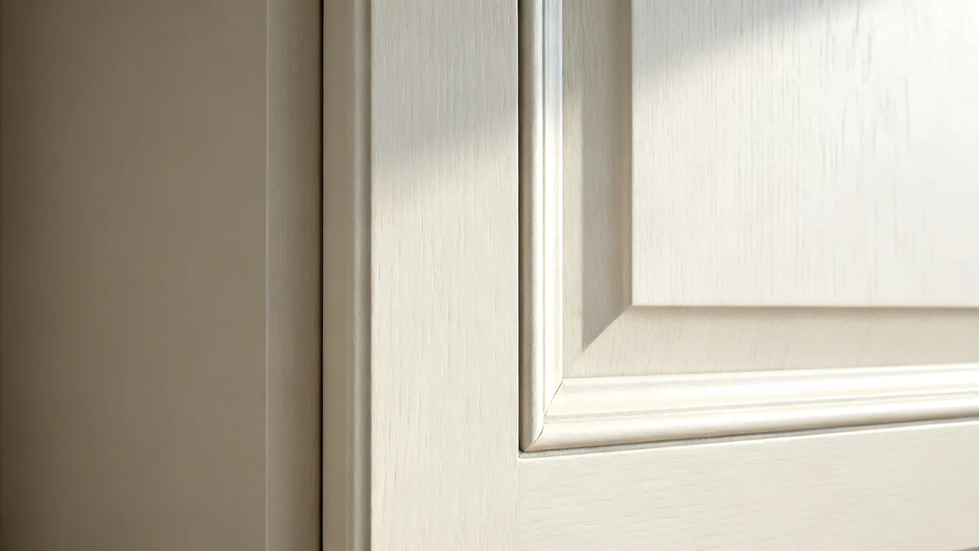 Macro of slim-rail Shaker cabinet corner showing precise profiles and satin paint.