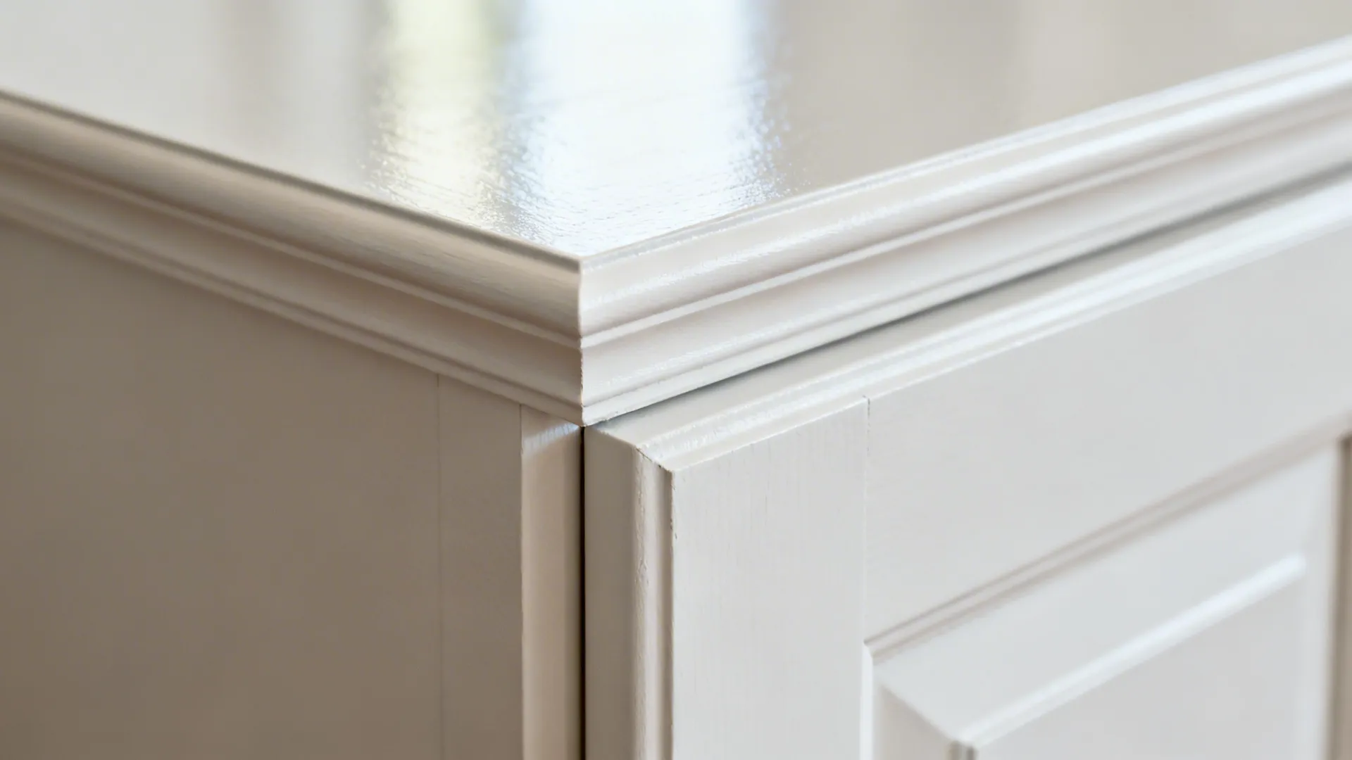 White cabinet door corner with a simple recessed panel and classic decorative edge molding detail