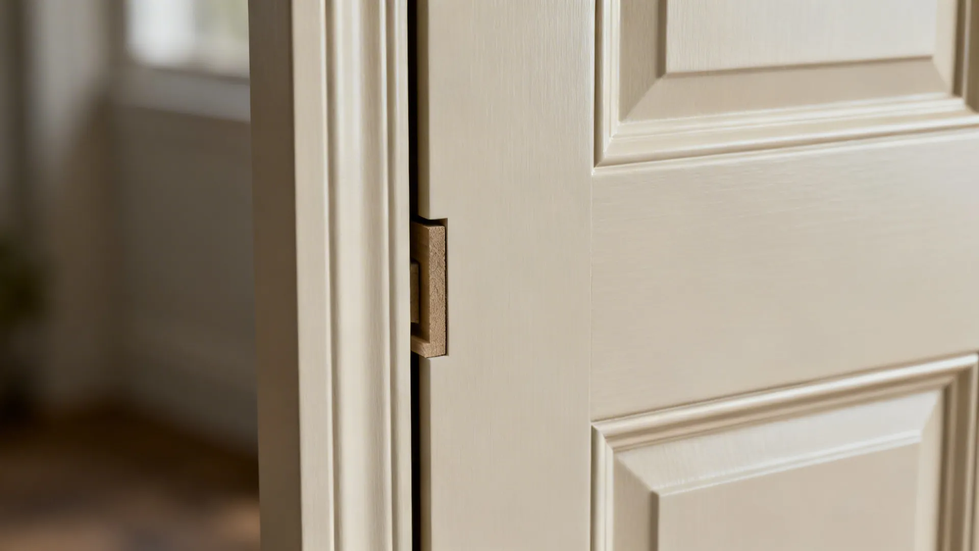 Macro of a slim-rail Shaker stile-and-rail junction with a smooth satin enamel finish.