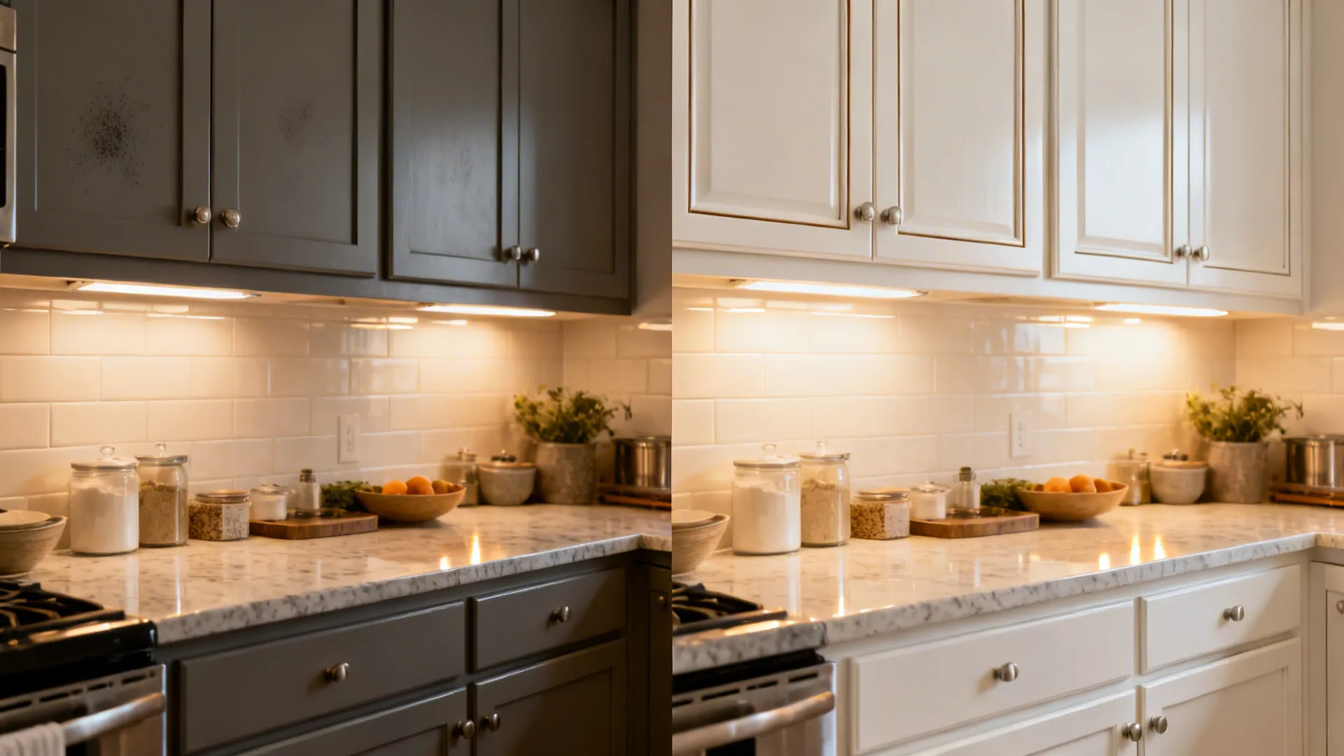 Comparison of matte versus satin slim-rail Shaker doors showing reduced glare and fewer marks.
