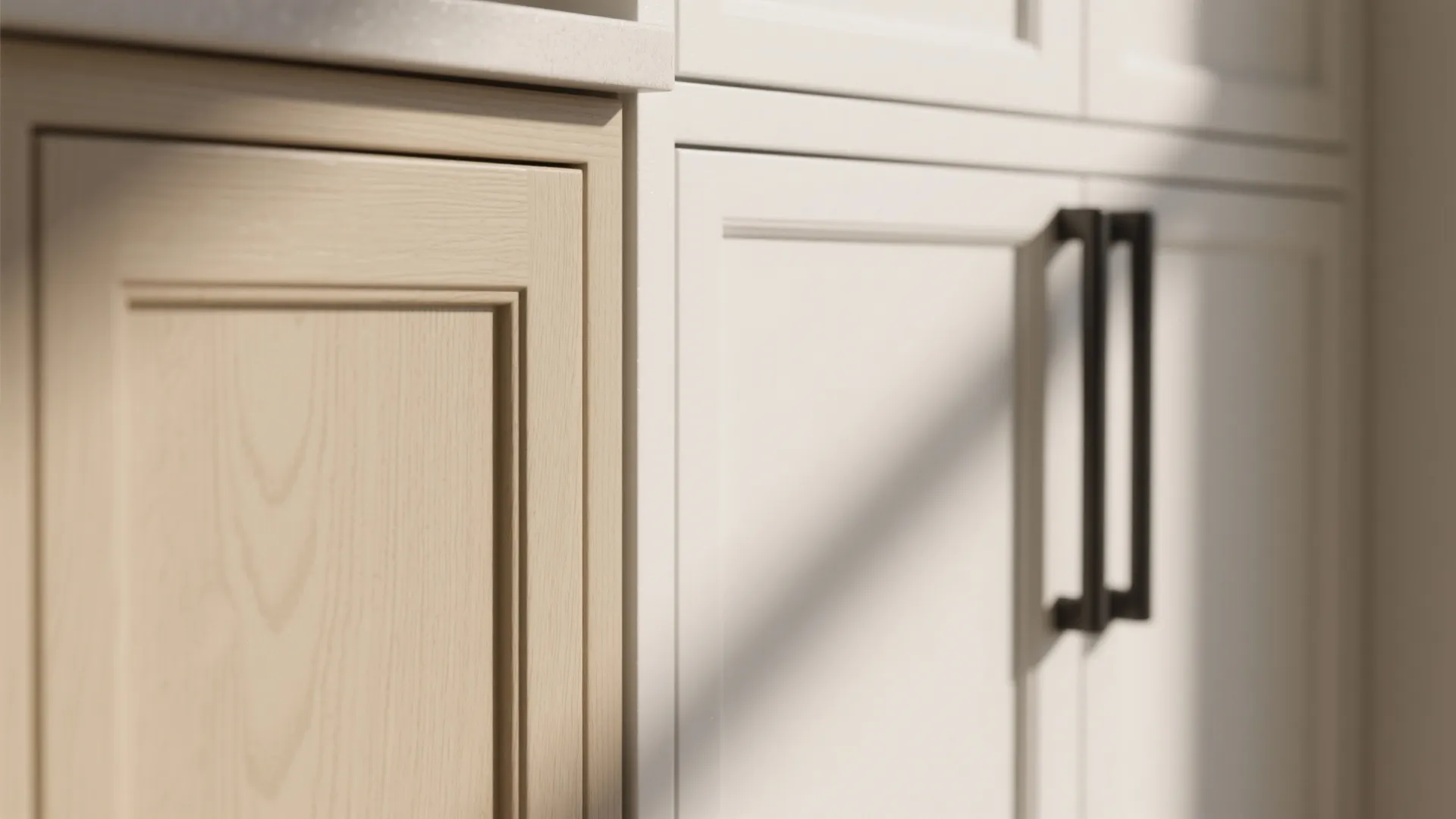 Close-up of beige shaker door beside white slab cabinet with matte black hardware.