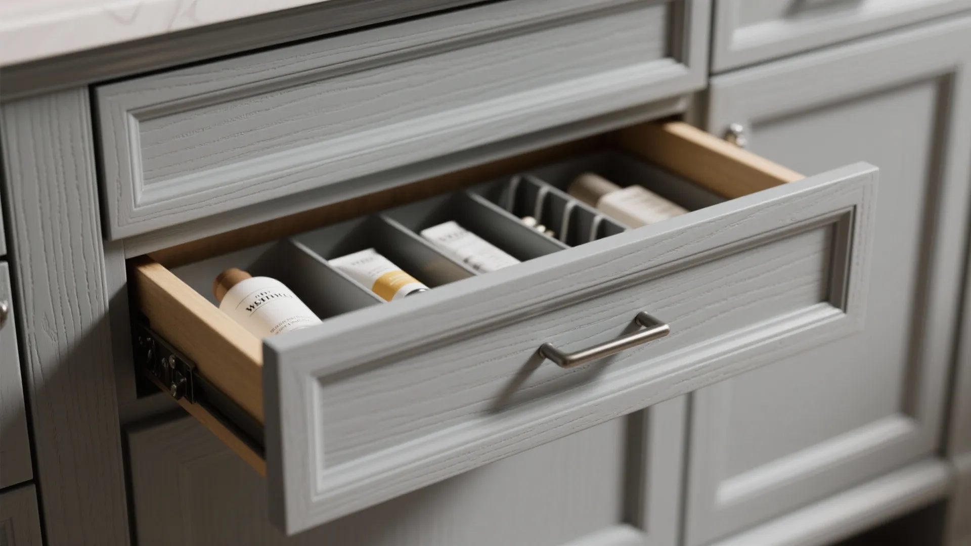 2. Shaker-Style Gray Vanity with Slim Drawers