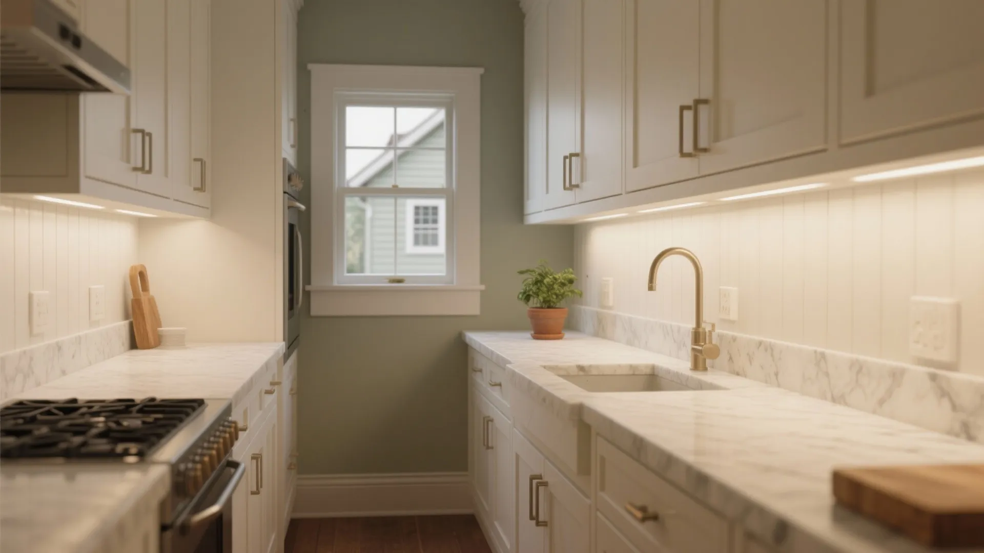 Small white kitchen with marble countertops gold faucet green plant small window and wood floor finish