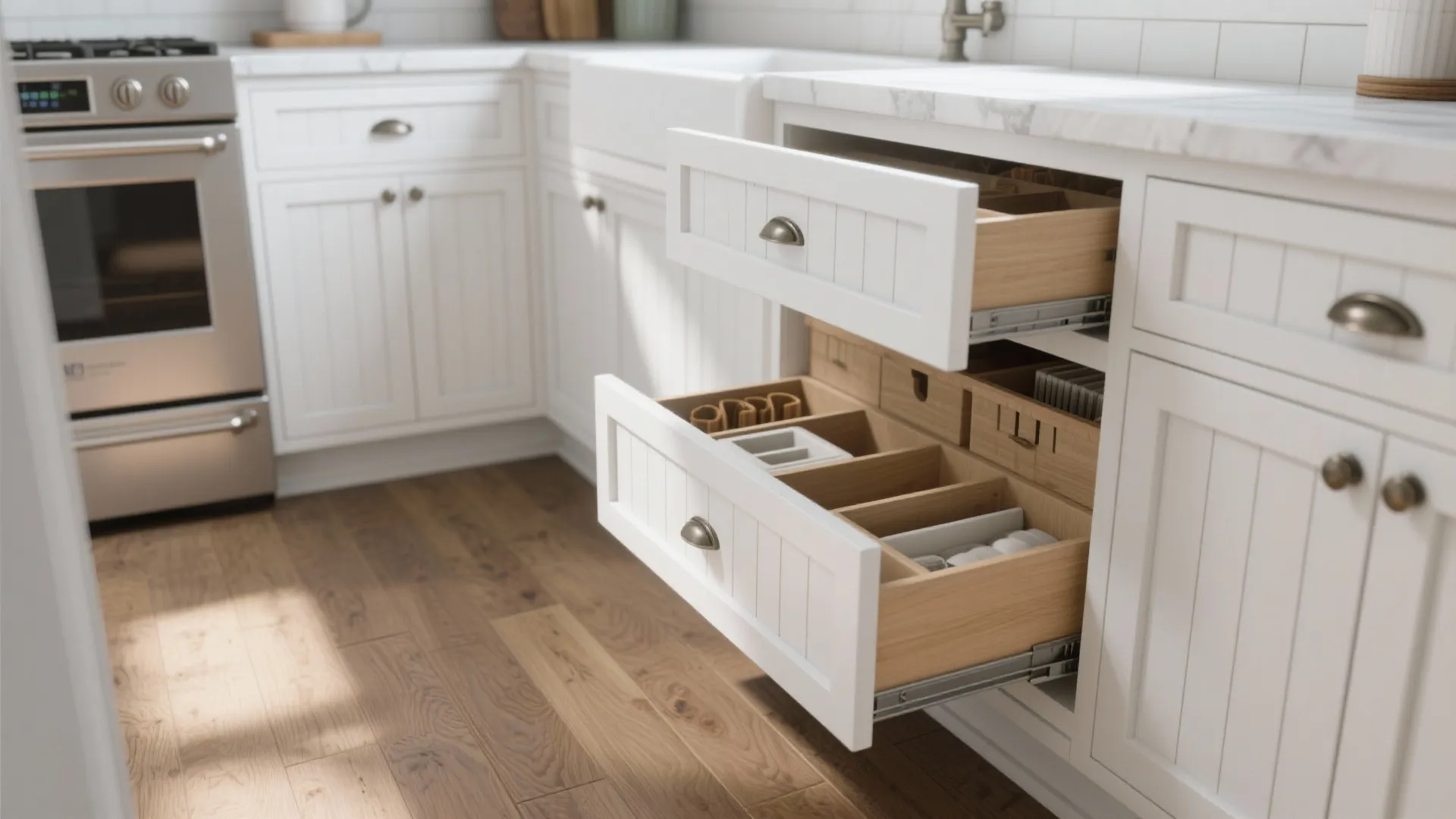 2. Shaker-style or beadboard cabinets with modern storage