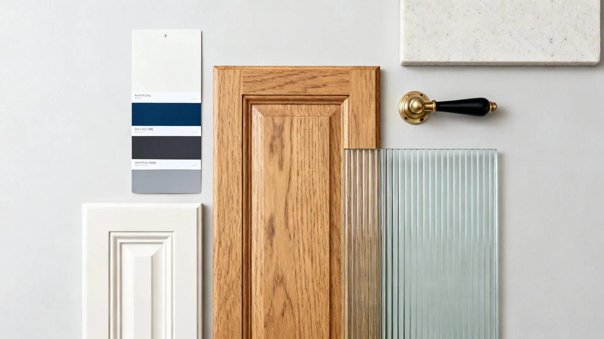 Top-down palette of soft-white, navy, charcoal, oak, reeded glass, and brushed hardware with light quartz.