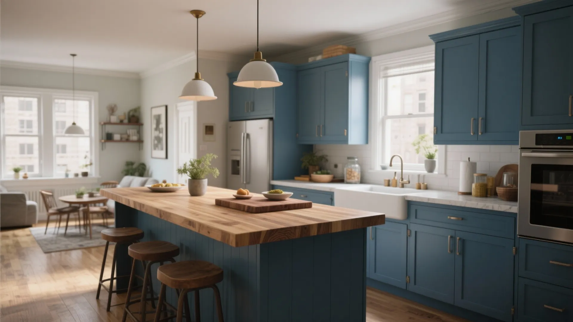 Modern blue kitchen featuring a thick wooden island white sink light fixtures and hardwood flooring