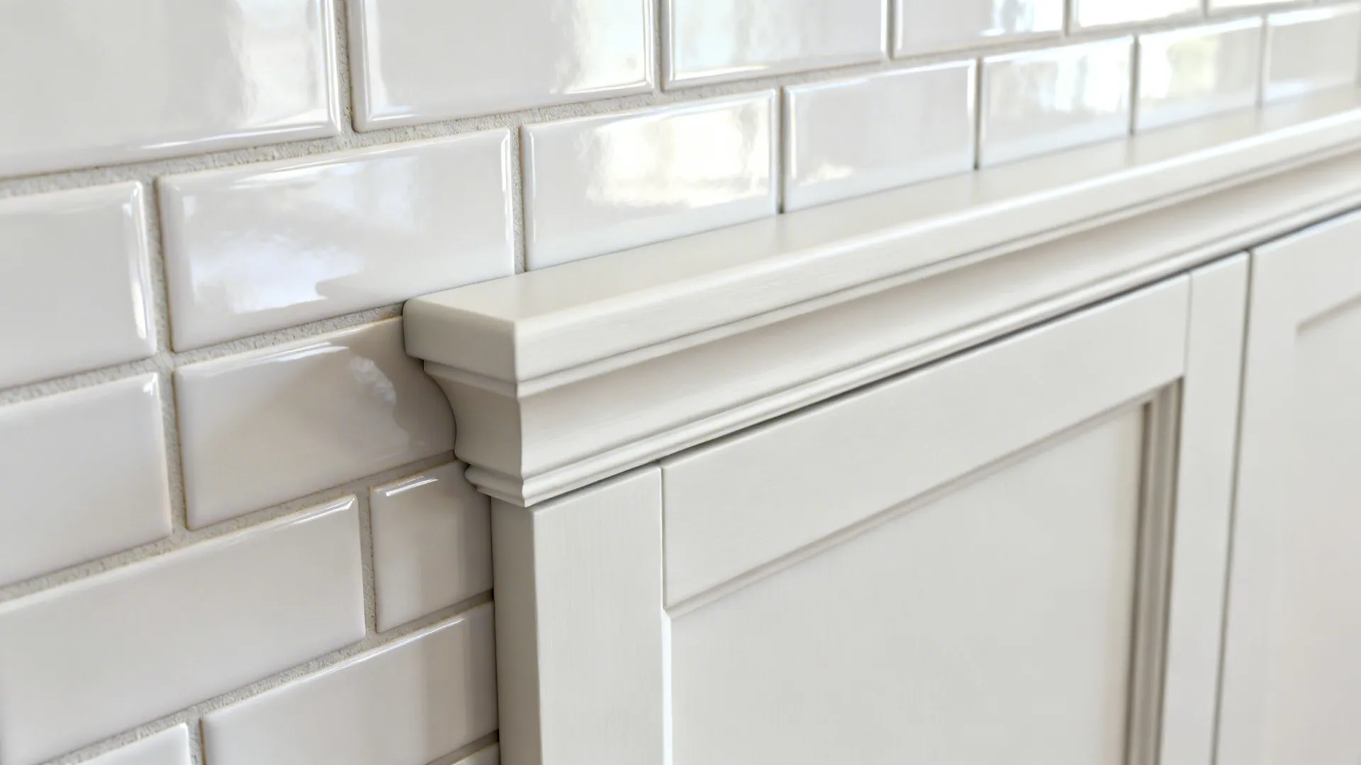 Matte white shaker + high-gloss subway tiles