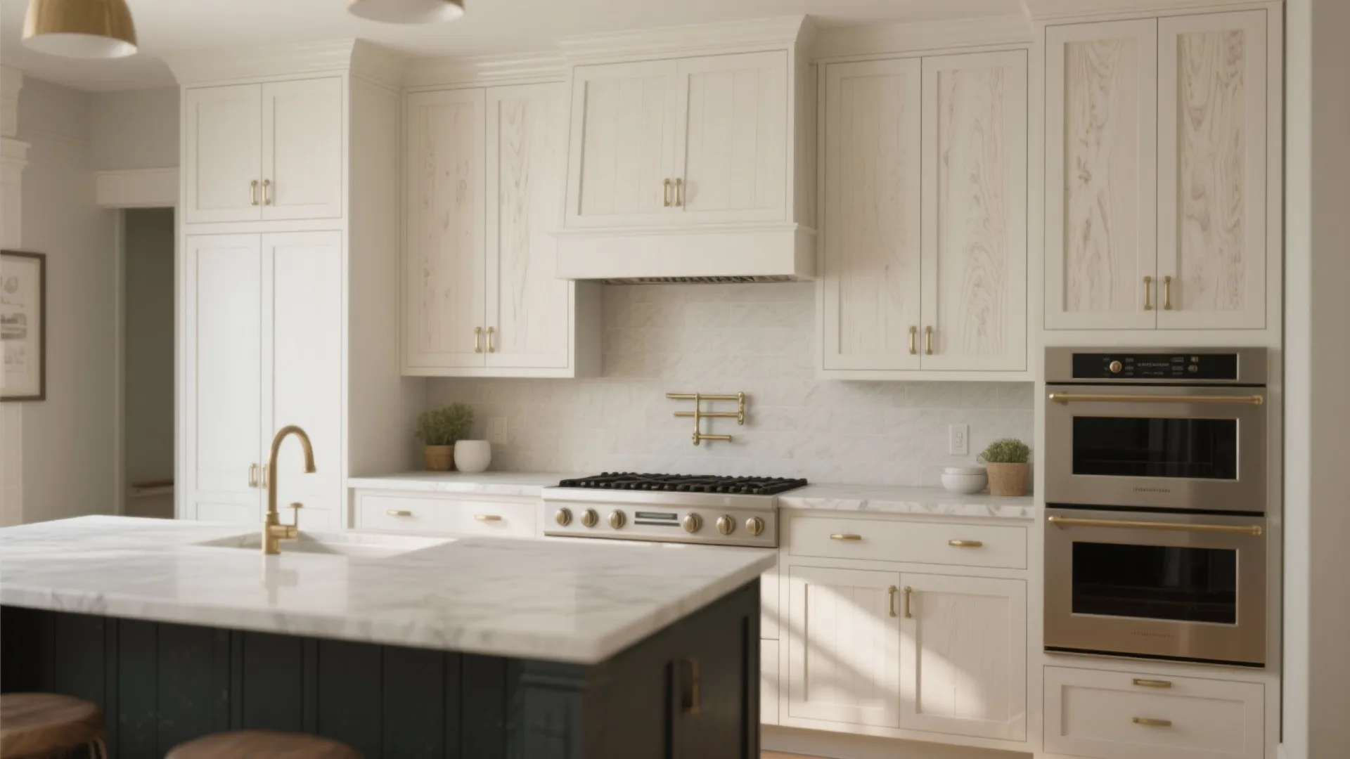 Modern kitchen with white cabinets marble countertop gold faucet stainless steel oven and gas stove burner